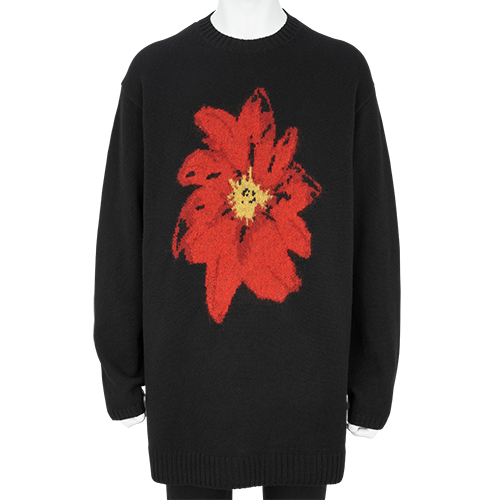 FLOWER INTERSIA CREW NECK KNIT BLACK×RED