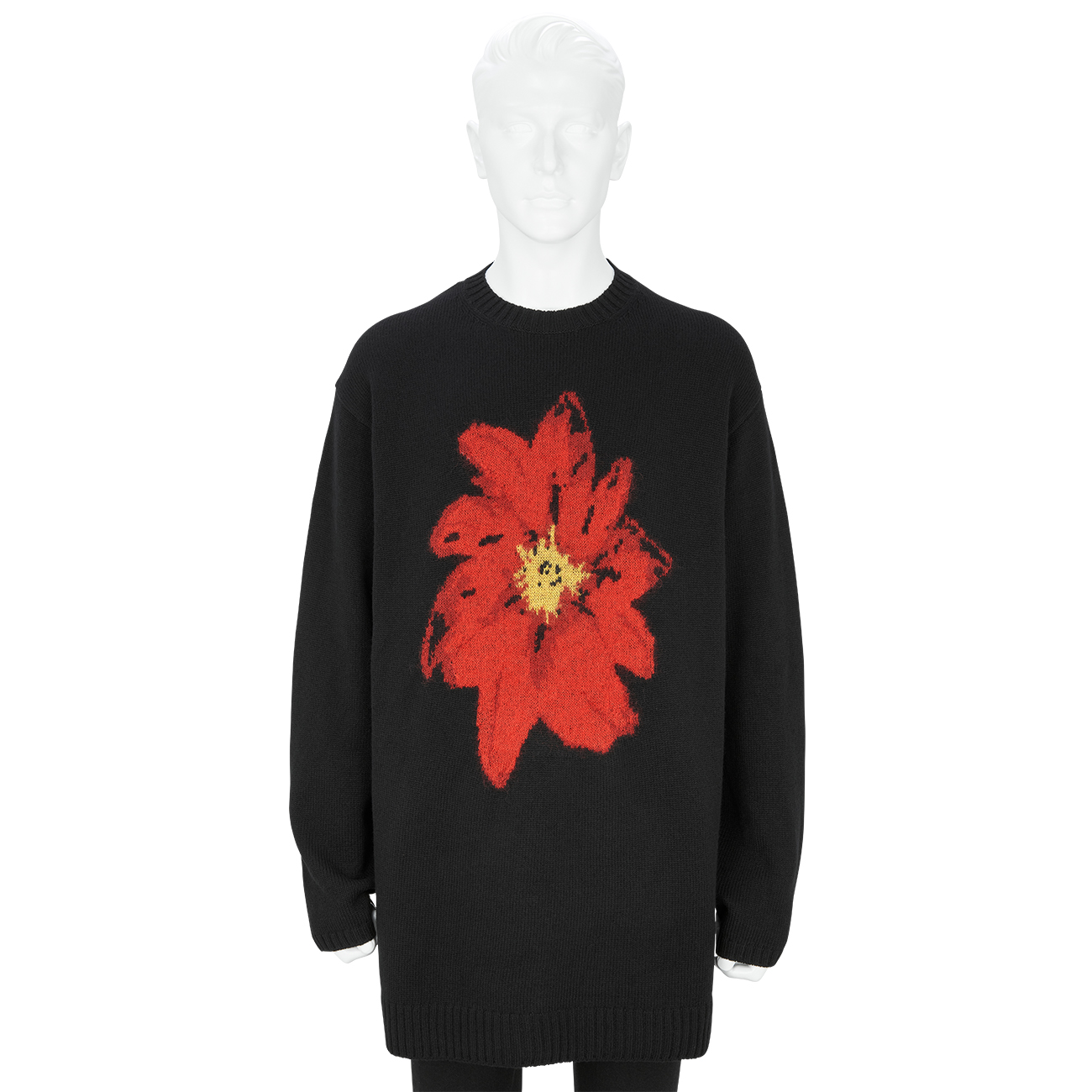 FLOWER INTERSIA CREW NECK KNIT BLACK×RED